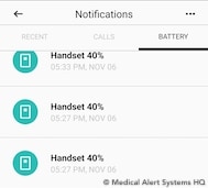 Bay Alarm Medical Mobile onthego Battery level notifications on Caregiver App
