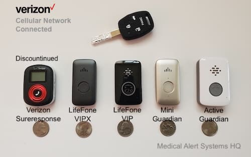 5 different medical alert devices using Verizon side-by-side, with key fob and quarters for size comparison