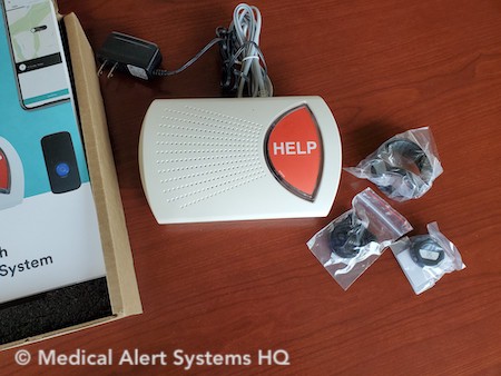 Bay Alarm Medical Landline system comes with a Base Unit (with speaker) and wearable wrist/lanyard combo button 