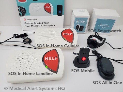 Bay Alarm Medical alert systems including in-home landline and non-landline cellular, base console units, SOS smartwatch and sos mobile devices